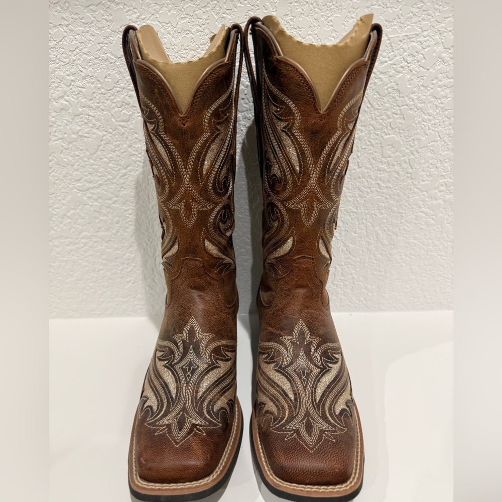 ARIAT WOMEN'S ROUND UP BLISS SASSY BROWN WITH GLITTER WIDE SQUARE COWBOY BOOT - Picture 6 of 10